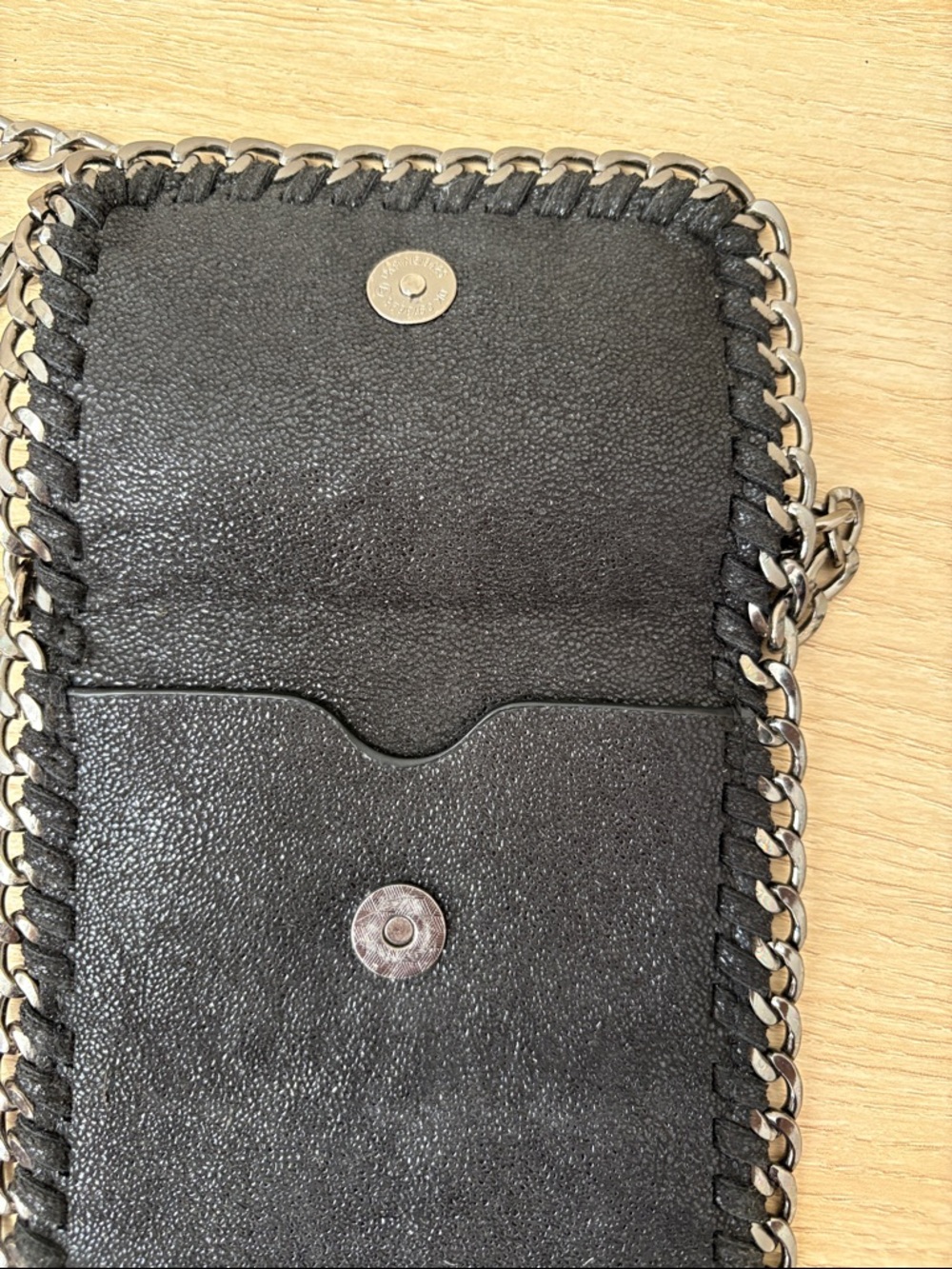 Black Chain Trim Phone Crossbody Bag | Edgy Faux Leather Mini Pouch | Festival - Picture 5 of 7